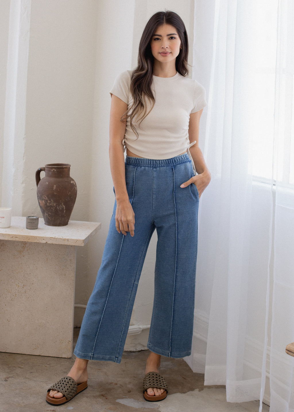 【COLOR iN ID】Cats Rivet Pintuck Pants Pintuck Knit Pant in Interlock - Moonbeam Heather – Carbon38