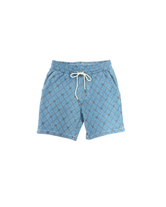 Blue shorts with a pattern on a white background