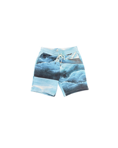 Beach shorts with a cloud and wave design on a white background