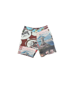 Colorful shorts with a collage design on a white background