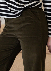 Green corduroy pants worn by a person with a striped shirt in the background.