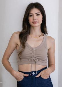 woman wearing crop rib tank with front ruche detail in mushroom