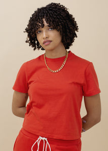 woman wearing basic crop tee in red