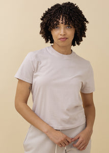 woman wearing basic crop tee in cream