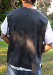 back of man wearing charcoal colored vest