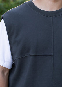 close up of man wearing charcoal colored vest