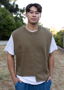 man wearing olive colored vest