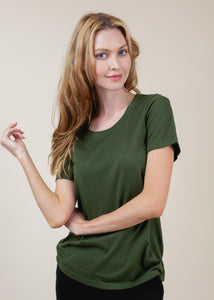 woman wearing relaxed crewneck tee in green
