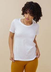 woman wearing relaxed crewneck tee in white