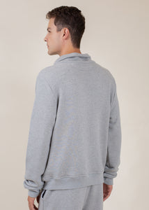 back of man wearing half zip sweatshirt in heather grey