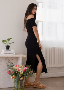 rib off shoulder dress Women's Carolina Peplum Off-Shoulder Rib Knit Midi Dress S/M/L Black MEAN BLVD L / Black
