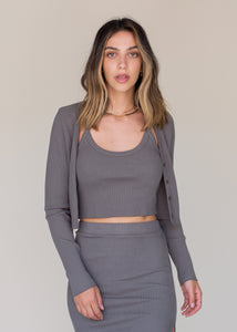 woman wearing 5x3 rib crop cardigan in color cement