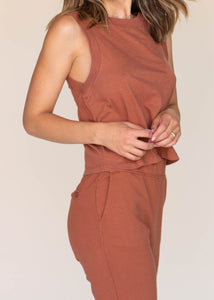 womens perfect jogger with pockets in rust, matching loungewear set