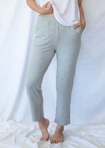 tapered pant with elastic waistband, pajamas, sustainable pajama bottoms in heather grey